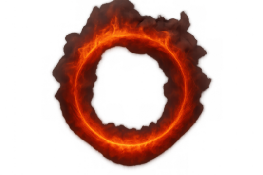 Burning fiery ring creating a magic power portal with red glowing swirling flames and dark smoke on transparent background