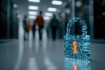 Digital padlock with glowing circuit design symbolizes cybersecurity and data protection in a modern hallway