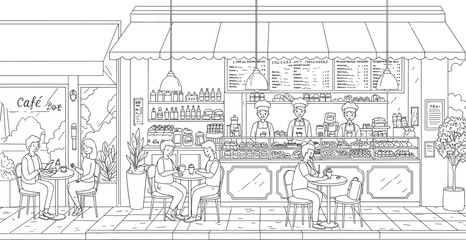 Obraz premium Black and white line art of café interior and exterior with staff, customers, and menu board for lifestyle and food content