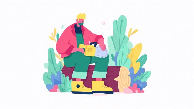 A colorful illustration of a man sitting on a log, wearing boots and a pink jacket, surrounded by lush green plants.