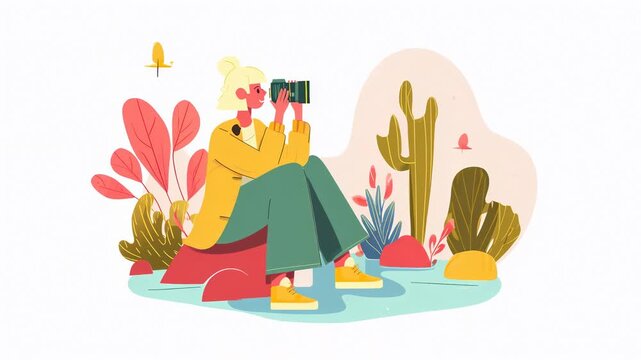 A colorful illustration of a person taking photos surrounded by plants and cacti.