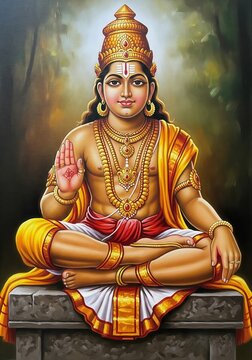 Lord Ayyappa Oil Painting Effect. Gold and Saffron Colors.