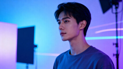 Young Asian Man in Neon Blue and Purple Light