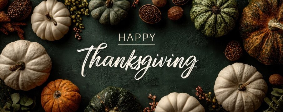 Happy Thanksgiving celebration with pumpkins, gourds, and autumn foliage on a dark green backdrop - Powered by Adobe