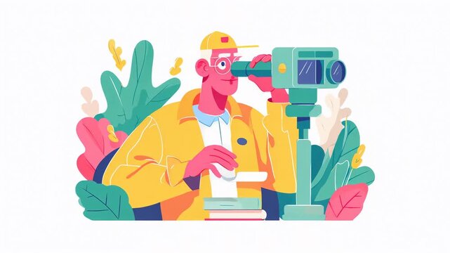 A colorful illustration of a man looking through a telescope amidst vibrant plants.