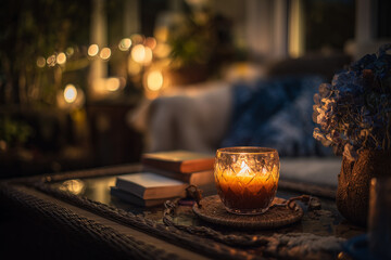 intimate night reading setup, serene candlelit setting with vintage charm and relaxation feel