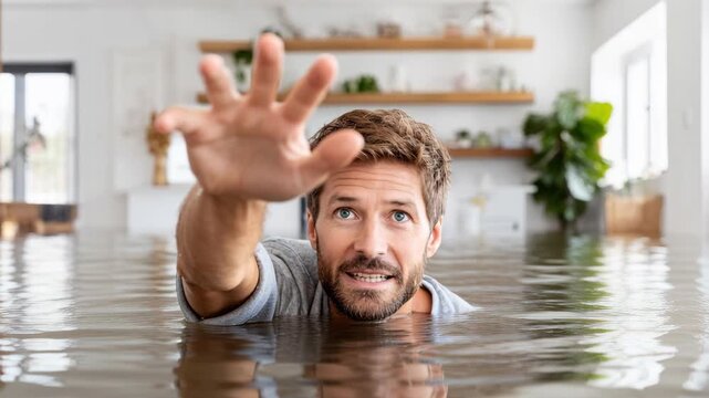 A man with a beard and blue eyes, partially submerged in dirty floodwater inside a home, reaches out for help in a moment of crisis.