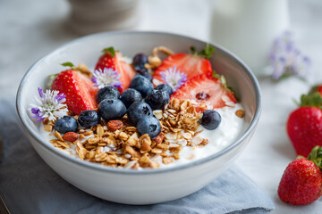 rich and fresh breakfast option, wholesome breakfast featuring creamy fruit mix and floral garnishes