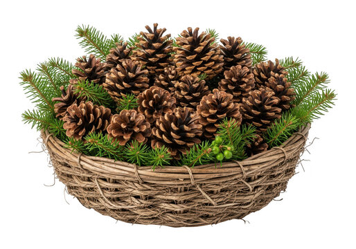 A rustic wicker basket overflowing with natural pine cones and vibrant green fir branches, , evoking the warmth and charm of the holiday season isolated on a transparent background	