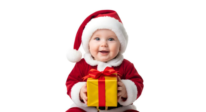 Adorable baby dressed as santa claus holding a bright yellow gift box isolated on transparent background