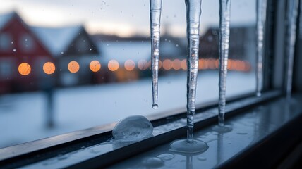 Sharp Icicles Hanging over a Window Ledge with Melting Ice Drop – Warm Bokeh of Christmas Lights Creating a Festive and Peaceful Chilly Winter Holiday Mood – Cozy Silent Snow Covered Town View at Dawn