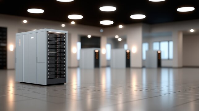 Digital tunnel featuring server racks and flowing data streams, showcasing a futuristic cyber data center with blue neon lighting and a sleek modern aesthetic