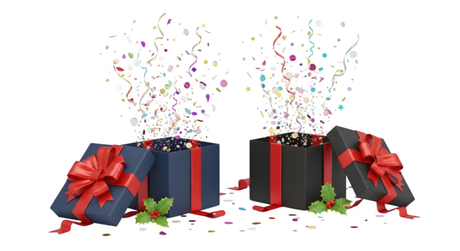 Two festive gift boxes with confetti and bows isolated on transparent background
