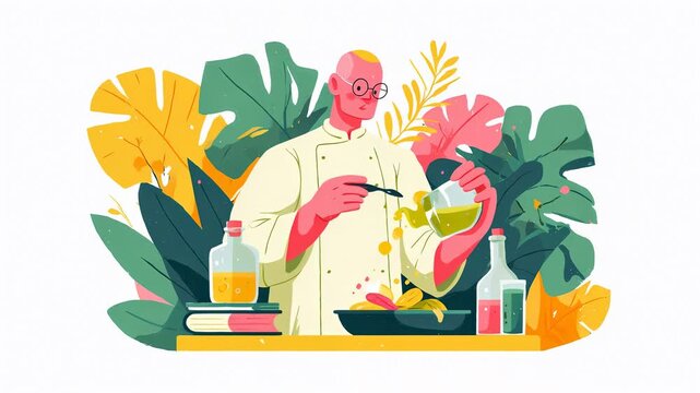 A chef prepares a salad amidst colorful plants and ingredients on a bright, cheerful background.