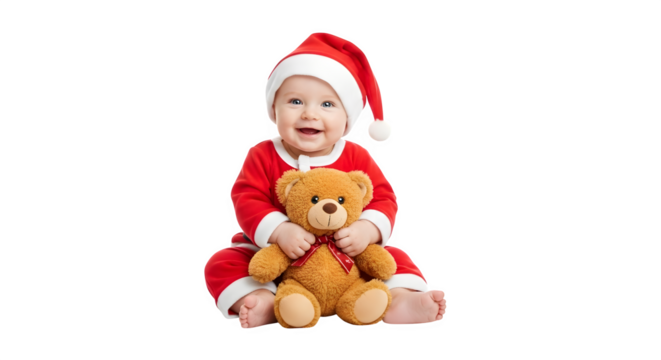 Adorable happy baby wearing santa claus costume holding a teddy bear isolated on transparent background