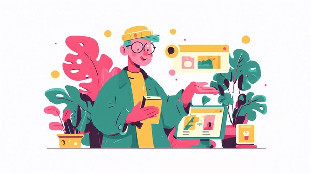 A vibrant illustration of a person surrounded by plants, using a tablet while wearing glasses and a cap, with colorful shapes in the background.