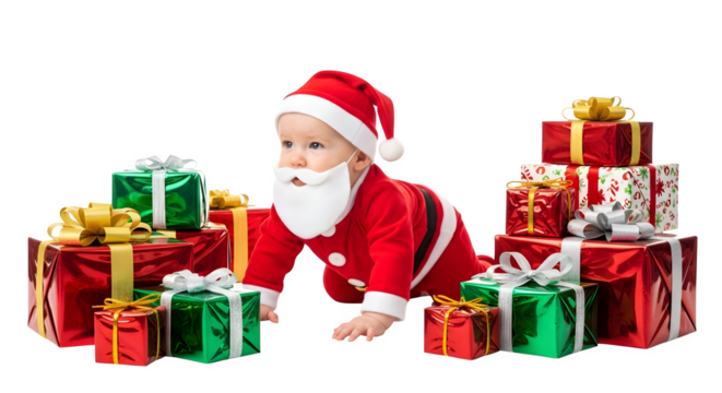 Adorable baby dressed as santa claus surrounded by festive christmas presents isolated on transparent background