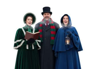 A trio of victorian carolers singing christmas carols, dressed in traditional attire, with a man in a top hat and two women in bonnets isolated on a transparent background	