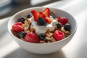 fresh berry yogurt with crunch, rustic ceramic bowl filled with vibrant berries and crunchy granola