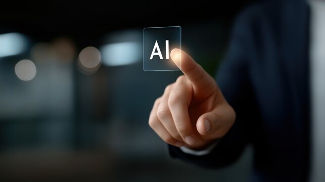 Businessman interacting with glowing AI hologram chip, showcasing advanced neural network technology in a professional setting with blue neon lighting and cinematic composition