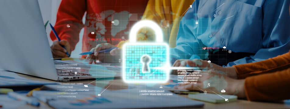 A teamwork scene featuring a digital security padlock symbol and people collaborating at a desk, emphasizing data protection and online safety measures. Trope