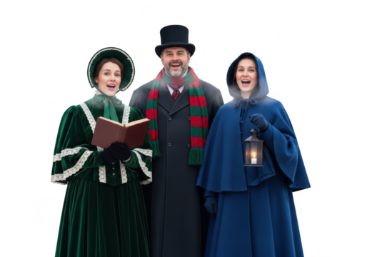 A trio of victorian carolers singing christmas carols, dressed in traditional attire, with a man in a top hat and two women in bonnets isolated on a transparent background	