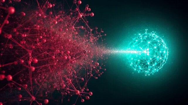Interconnected red molecular structure emitting a beam of light towards a glowing turquoise geometric network sphere against a dark background