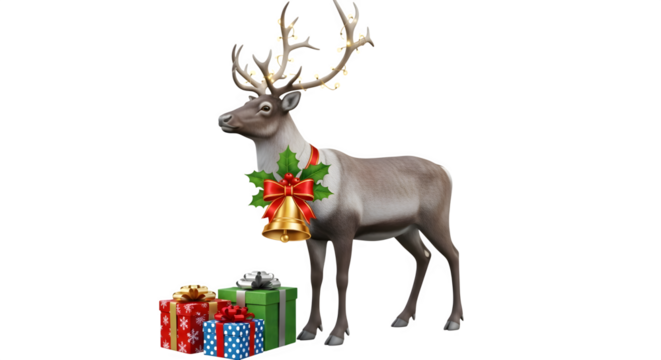 Reindeer with christmas decorations isolated on transparent background