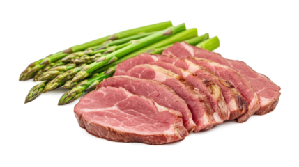 A piece of meat is cut into slices and is placed next to a bunch of asparagus, isolated on a transparent background
