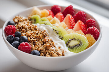 vividly arranged fruit platter with granola on top atop smooth yogurt for healthy mornings