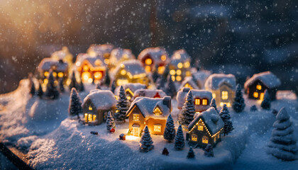 Miniature Snowy Christmas Village with Warm Glowing Lights – Cozy Winter Holiday Scene