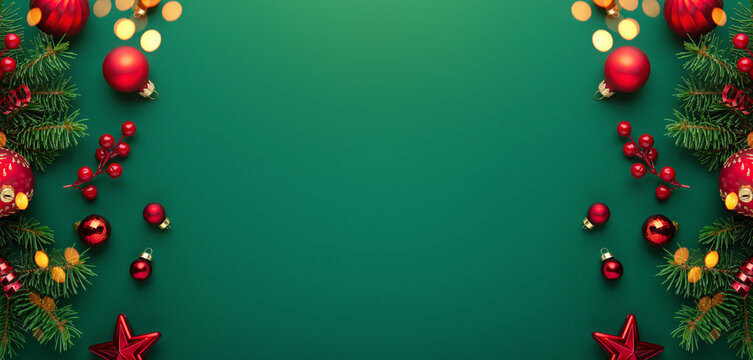 Merry Christmas and Happy Holidays greeting card, frame, banner. New Year. Noel. Golden and red Christmas ornaments on green background top view. Winter xmas holiday theme. Christmas tree decoration. - Powered by Adobe