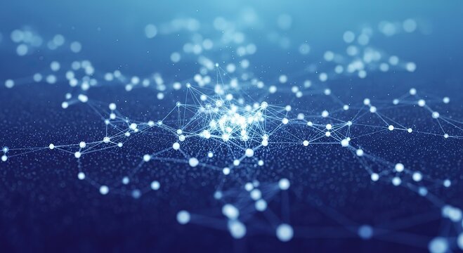 Stunning abstract digital network of glowing nodes and connections on a deep blue background, perfect for technology concepts and data visualization.
