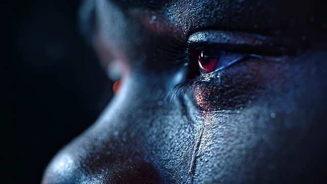 Cinematic extreme close-up of an emotional eye crying a single tear
