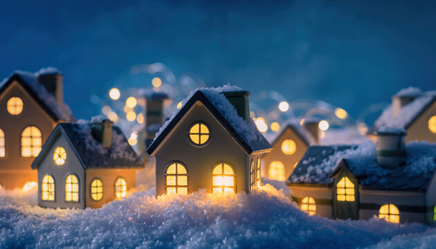 Miniature Snowy Christmas Village with Warm Glowing Lights – Cozy Winter Holiday Scene - Powered by Adobe