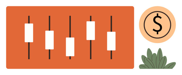 Candlestick chart bars on orange background with dollar icon and green plant. Ideal for finance, trading, investment, profit analysis, economic growth, financial reports, abstract data. Simple flat