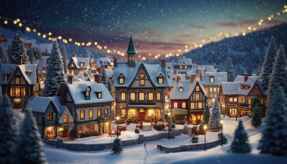 Miniature Snowy Christmas Village with Warm Glowing Lights – Cozy Winter Holiday Scene