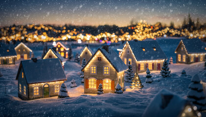 Miniature Snowy Christmas Village with Warm Glowing Lights – Cozy Winter Holiday Scene