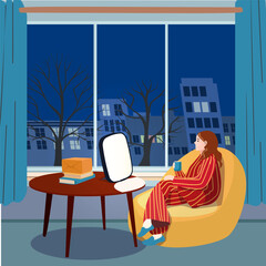 Woman in striped pajamas using light therapy lamp at night for seasonal affective disorder in cozy home interior with large window and winter city view