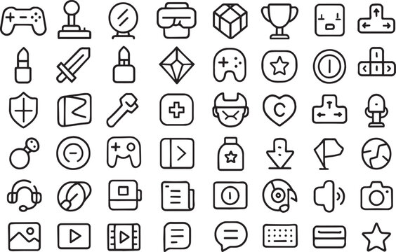 Digital interface and gaming icons collection, simple line art Vector - Powered by Adobe