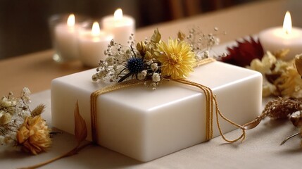 Beautiful candles featuring floral patterns and gold ribbon add charm and elegance, perfect for home decor or special occasions