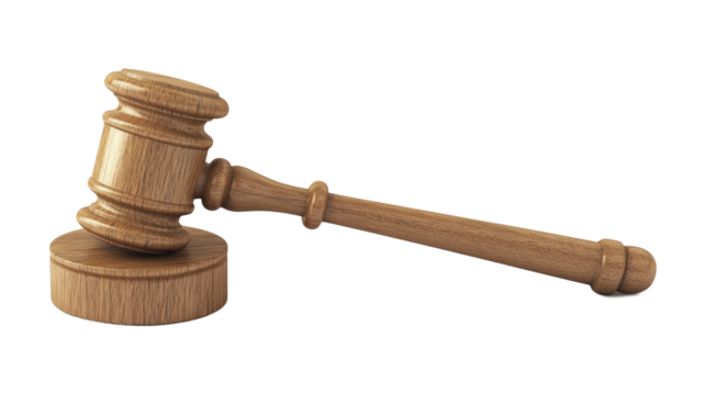 A wooden gavel with a wooden handle, isolated on a transparent background