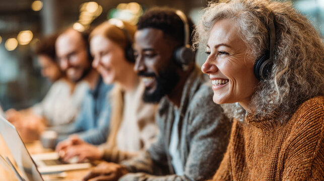 Diverse group of people learning with headsets in training session