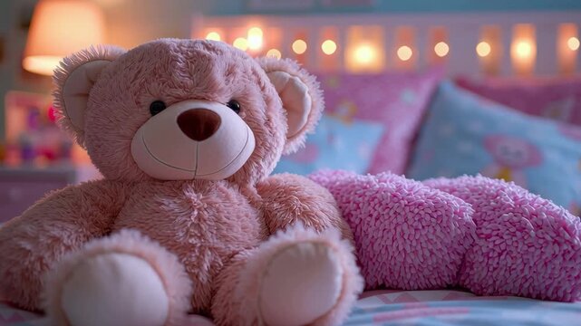 Teddy Bear's Dream: A cozy and charming scene showcasing a plush teddy bear, radiating comfort and nostalgia in a dreamy bedroom, inviting warmth and innocence.