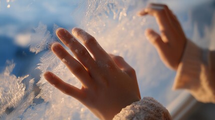 Close-up of fingertips tracing icy patterns on glass — representing peaceful solitude, winter wonder, and contemplative seasonal aesthetics for editorial or social media content. cinematic color
