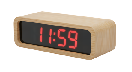 A contemporary wooden digital alarm clock featuring a bright red LED display showing the time 1159, isolated on a clean transparent background