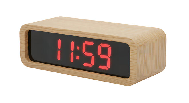 A contemporary wooden digital alarm clock featuring a bright red LED display showing the time 1159, isolated on a clean transparent background