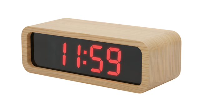 A contemporary wooden digital alarm clock featuring a bright red LED display showing the time 1159, isolated on a clean transparent background
