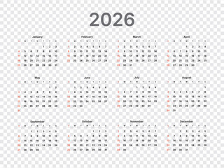 Monthly calendar 2026 week start Sunday corporate design template vector, wall desk calendar in a minimalist style, editable, transparent