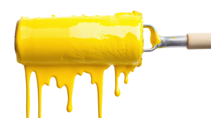 A yellow paint roller with yellow paint dripping off of it, isolated on a transparent background